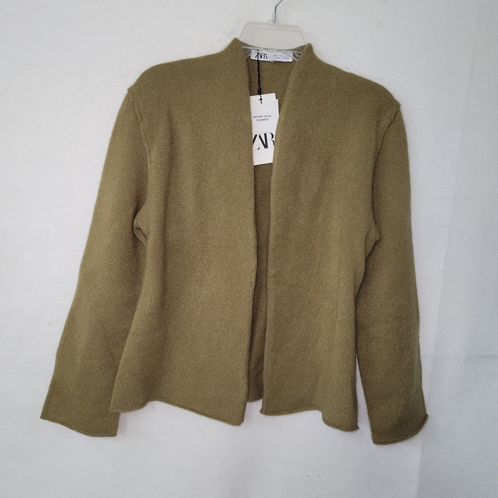 ZARA‎ Merino Wool Blend Knit Cardigan Sweater Jacket Womens S Olive Brown